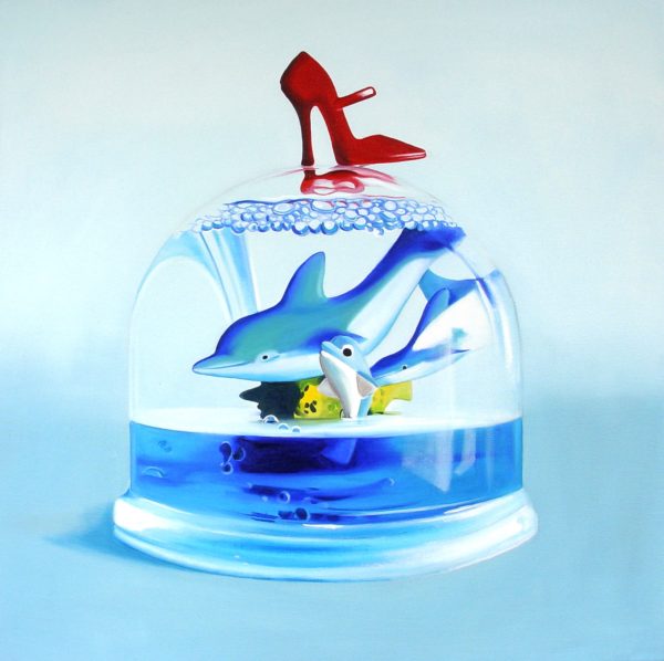 Plastic Dolls Shoe on Dolphins Snow Dome 71x71 cm oil on canvas